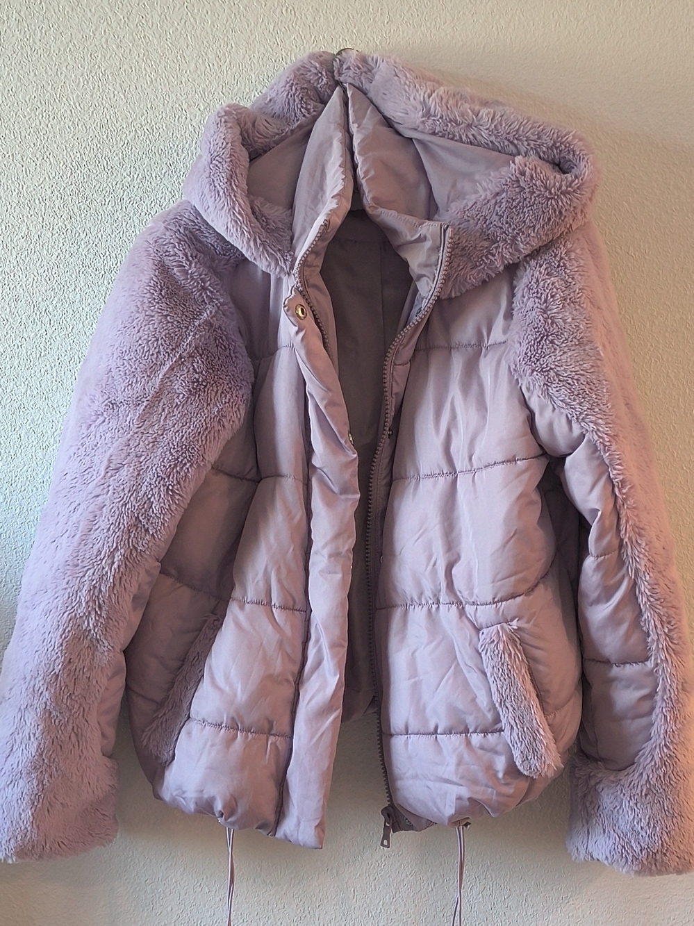 Fashion Nova Lilac Faux-Fur Hooded Puffer Jacket